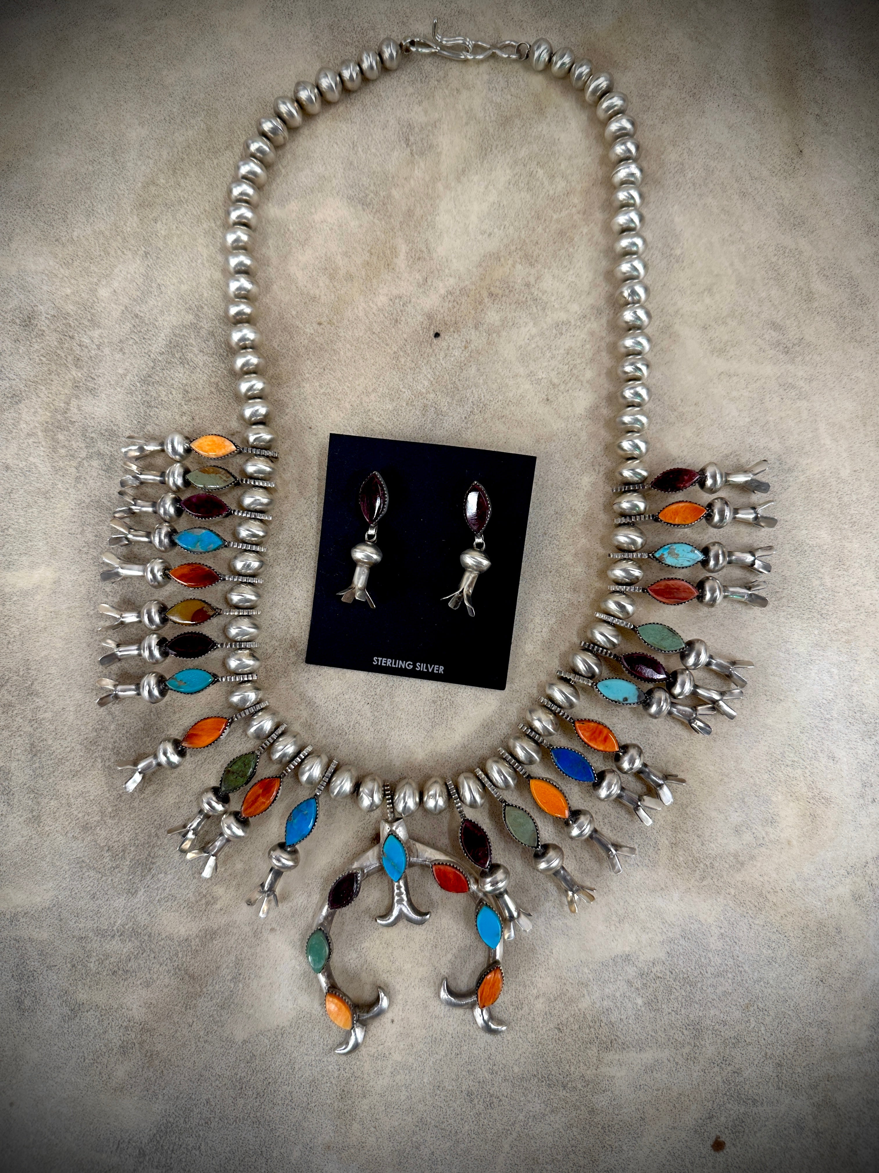 Blown Away Mixed Stone Squash Blossom and Earring Set