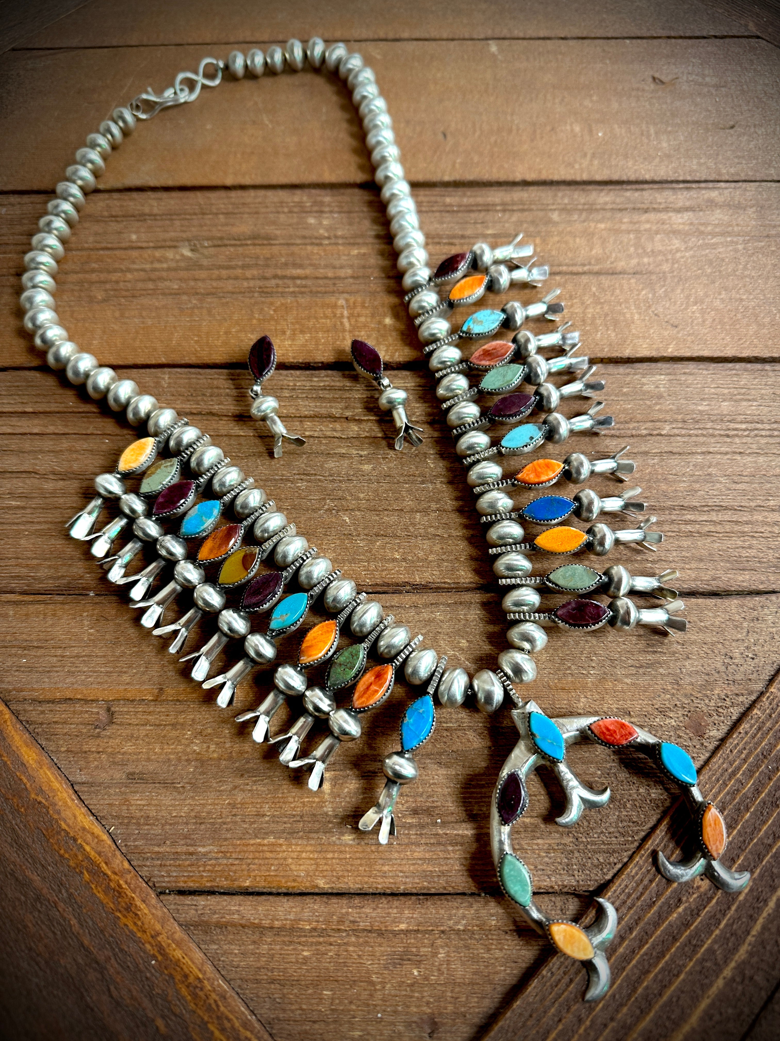 Blown Away Mixed Stone Squash Blossom and Earring Set