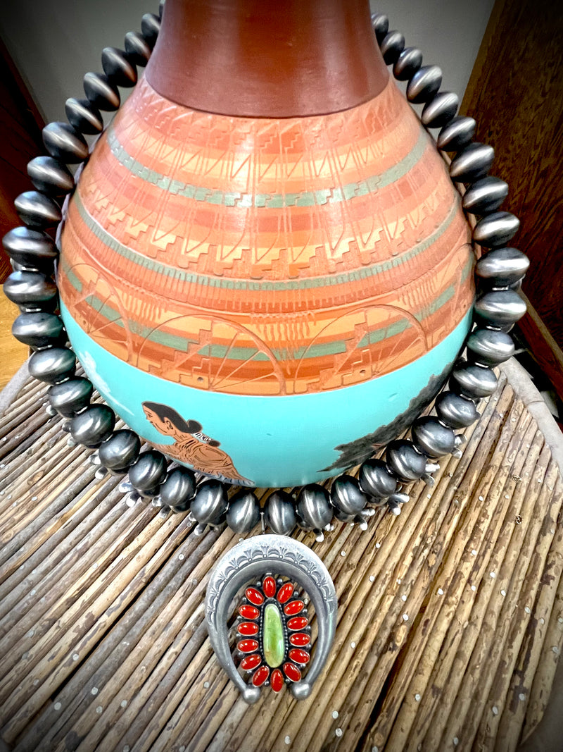 Vintage Coral and Green Turquoise Squash Blossom