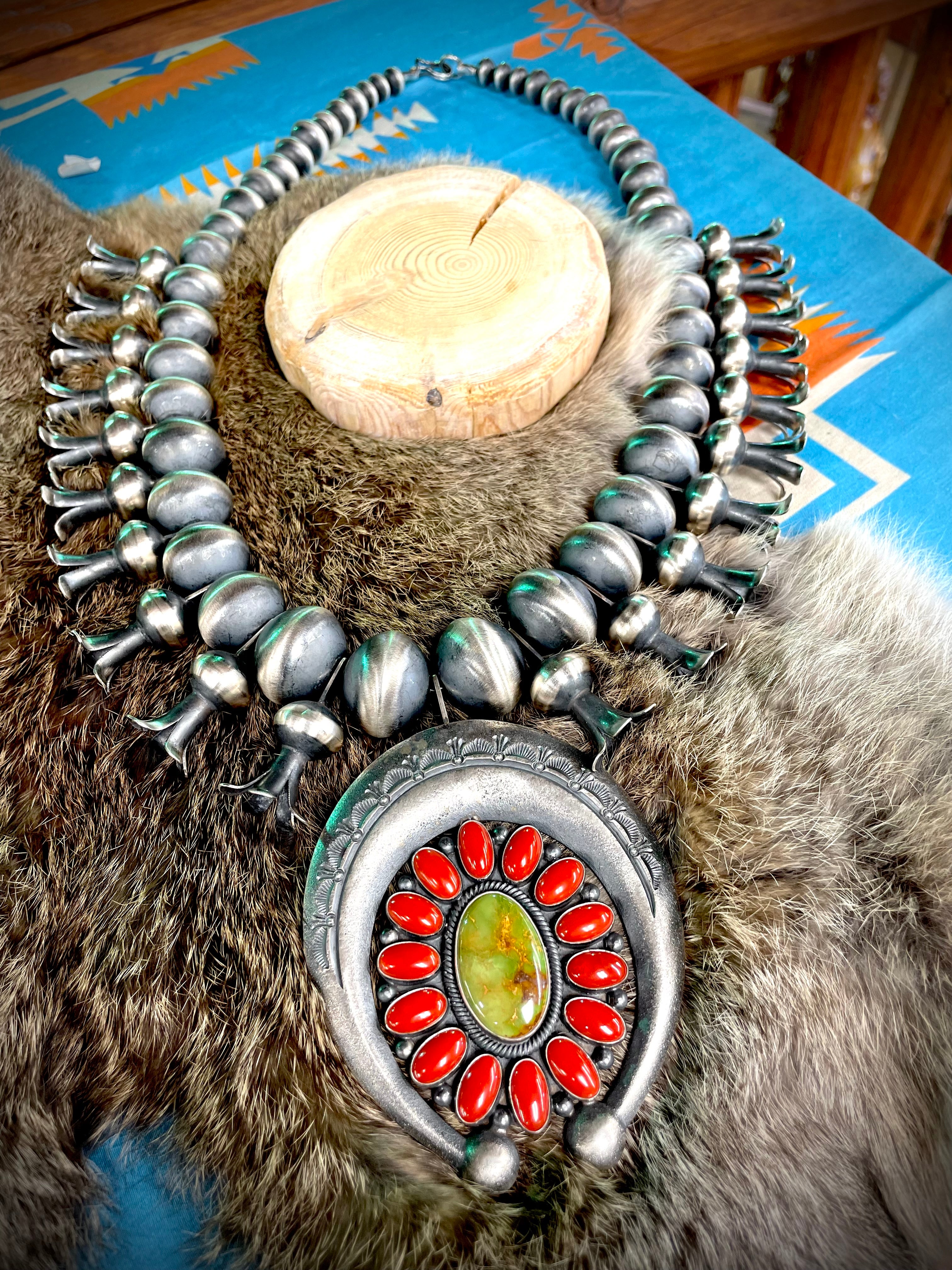 Vintage Coral and Green Turquoise Squash Blossom - Main Image