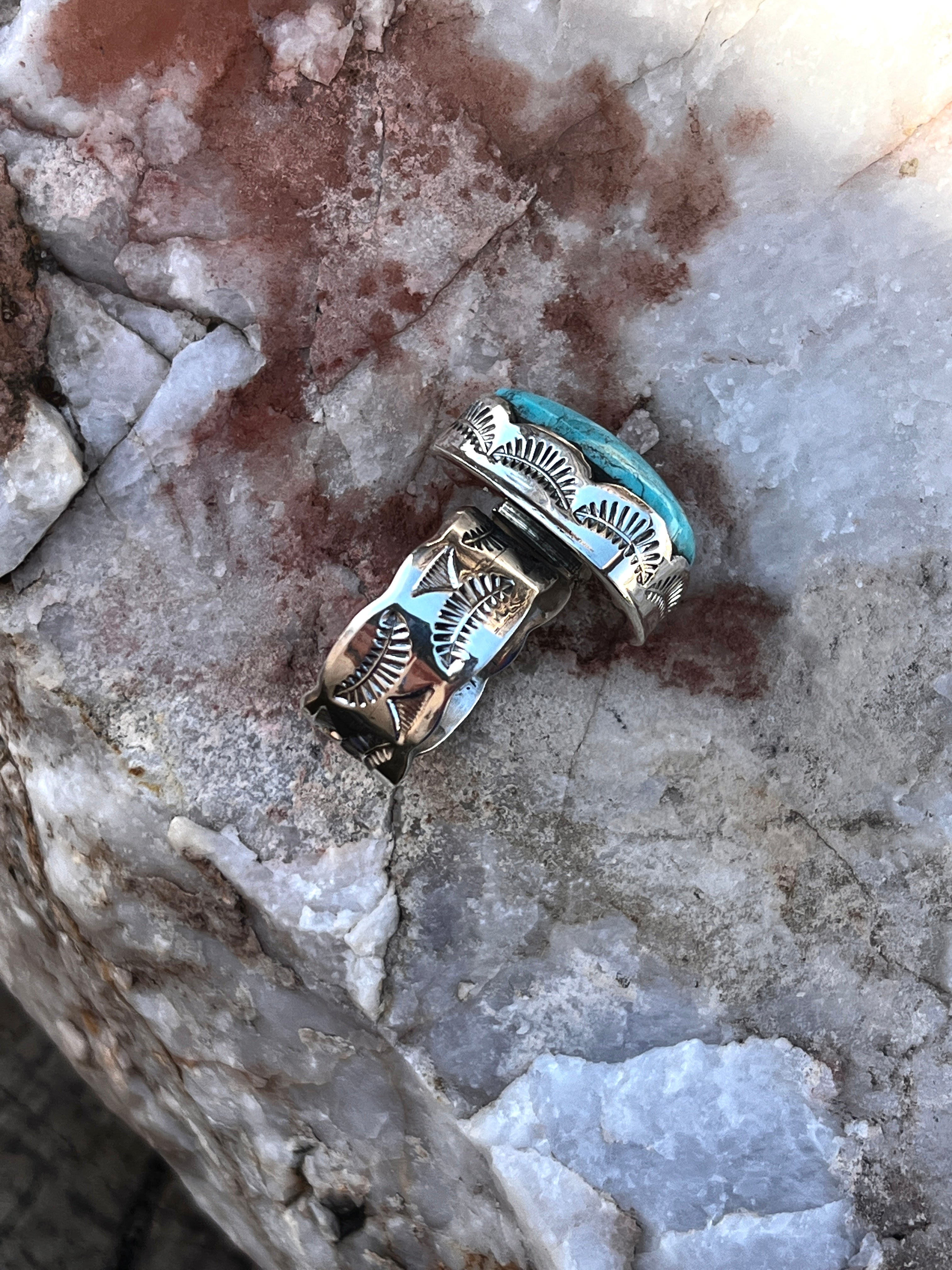 One of a kind Stamped Men's Ring sz 13 Nevada Turquoise Adjustable