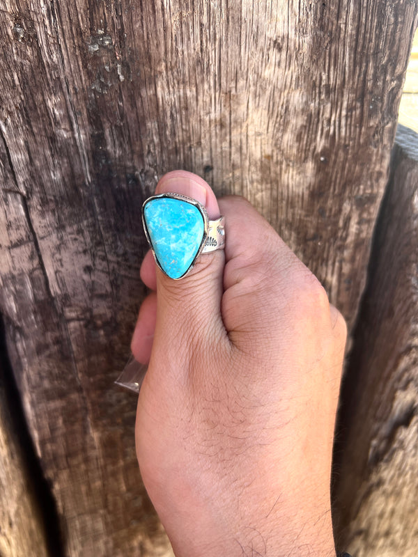 One of a kind Stamped Men's Ring sz 13 Nevada Turquoise Adjustable