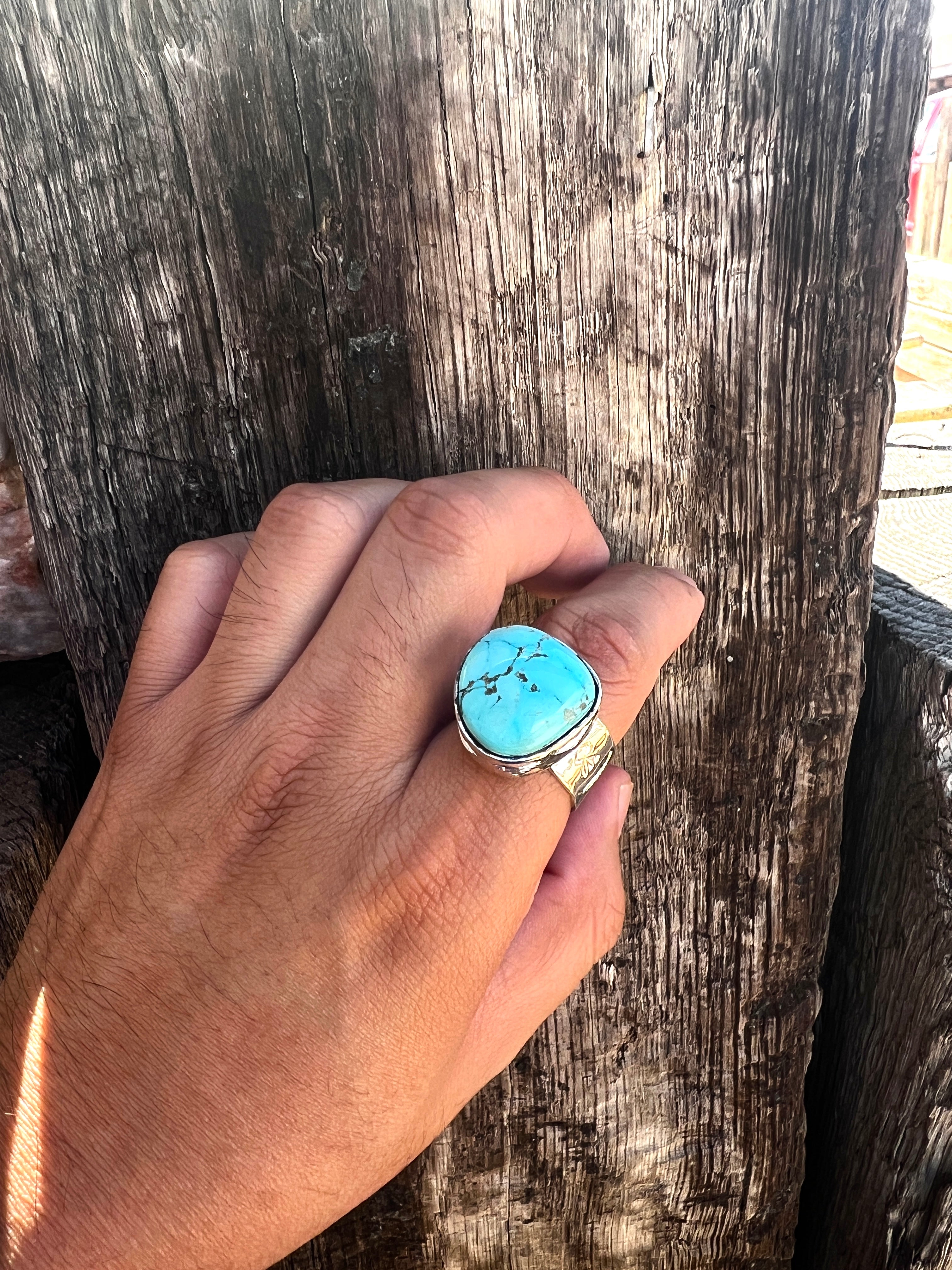 One of a kind stamped Men's ring sz 11 Nevada Turquoise Adjustable