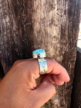 One of a kind stamped Men's ring sz 11 Nevada Turquoise Adjustable