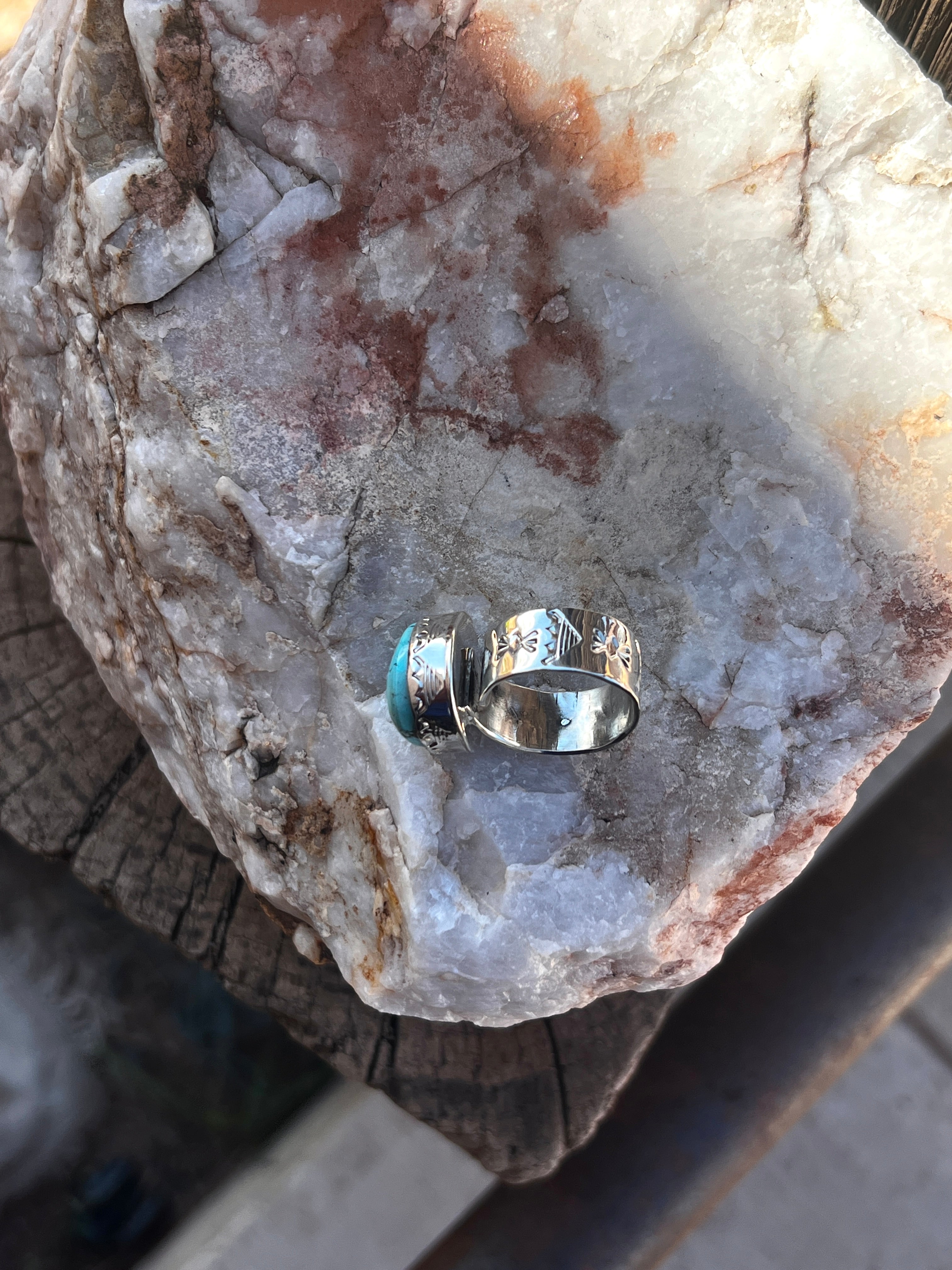 One of a kind stamped Men's ring sz 11 Nevada Turquoise Adjustable