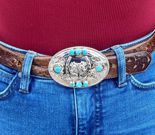 Three Dimensional Horse Belt Buckle with Kingman Turquoise