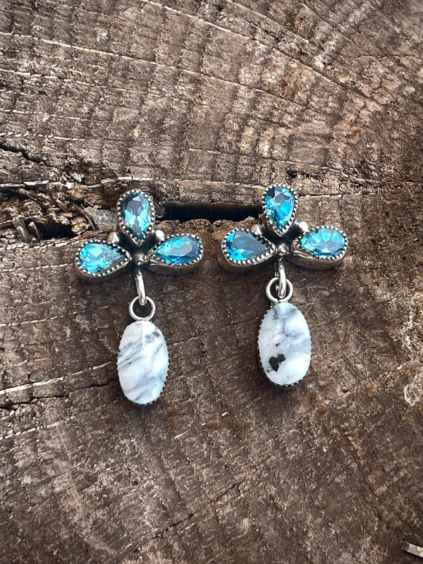 Swiss Blue Topaz and White Buffalo Crown Earrings