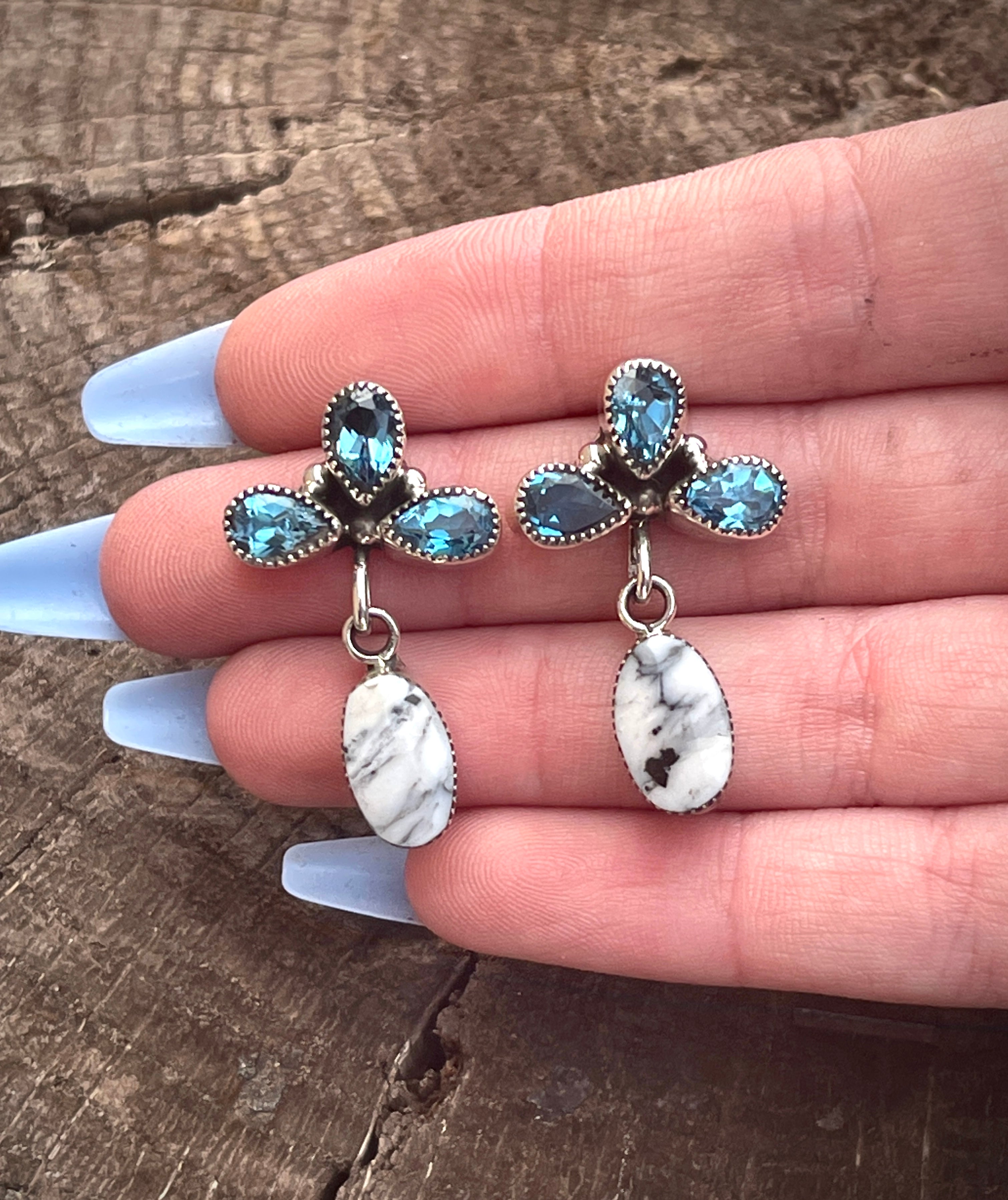 Swiss Blue Topaz and White Buffalo Crown Earrings