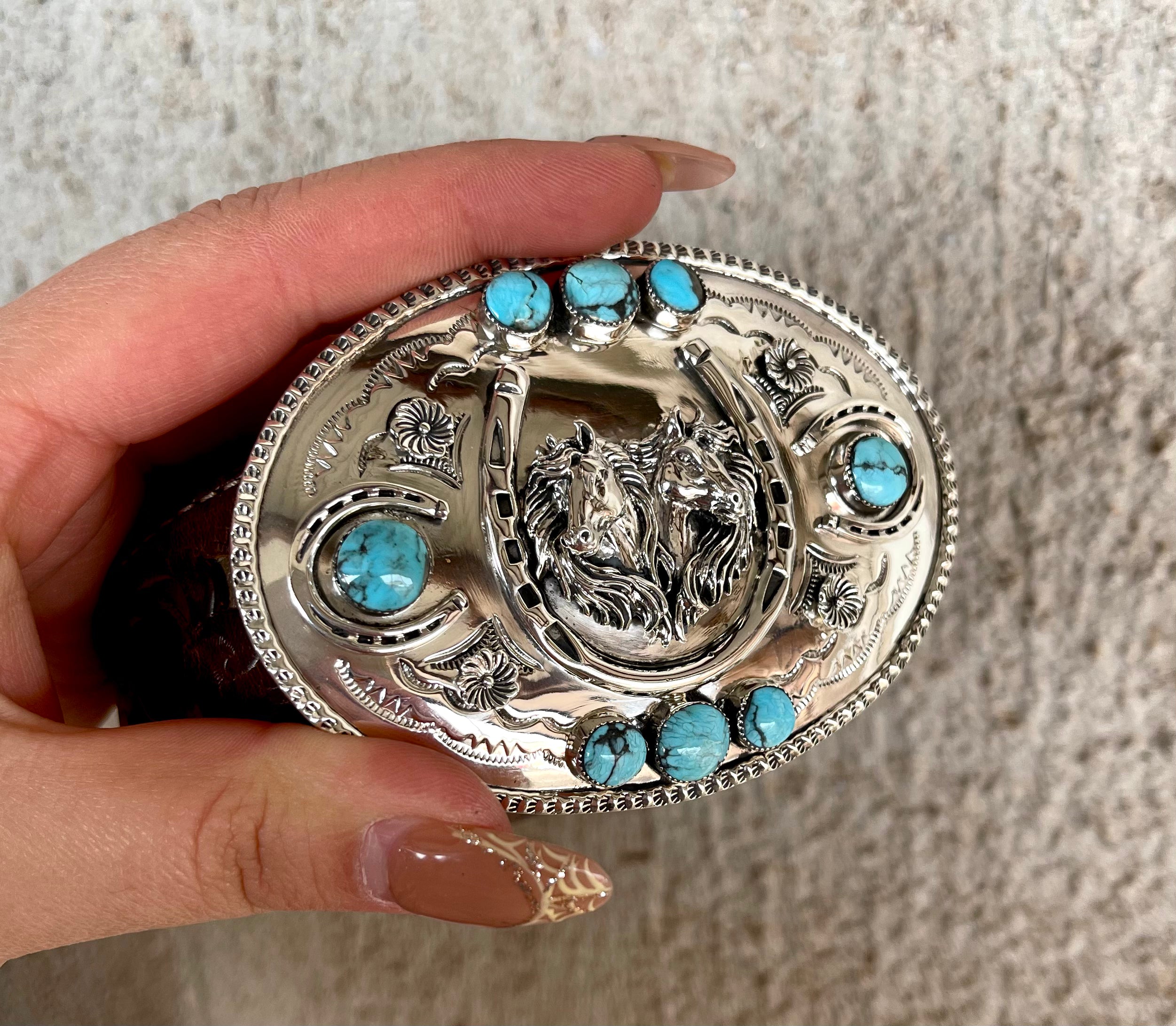 Three Dimensional Horse Belt Buckle with Kingman Turquoise