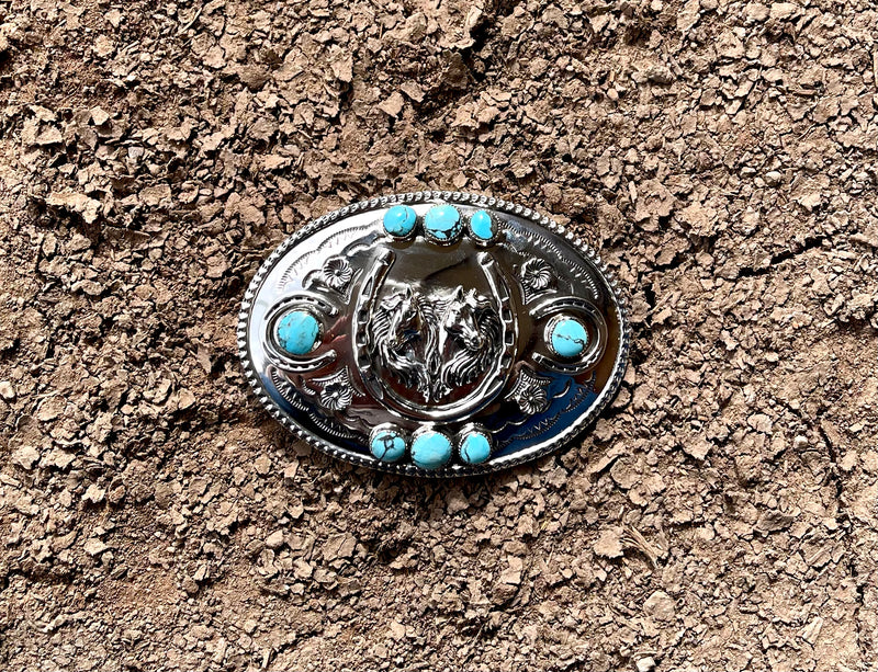 Three Dimensional Horse Belt Buckle with Kingman Turquoise