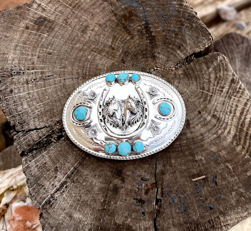 Three Dimensional Horse Belt Buckle with Kingman Turquoise