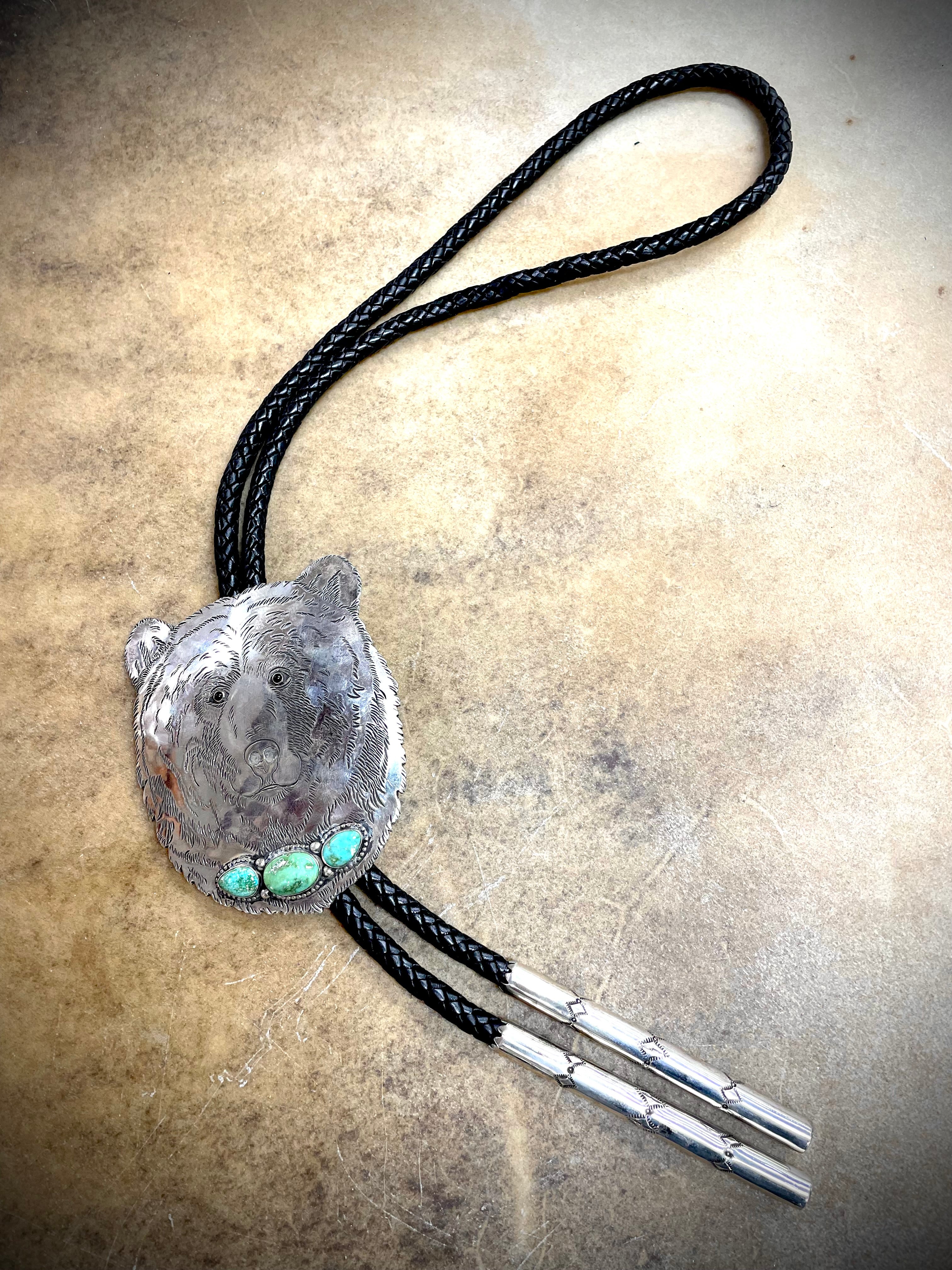 Green Turquoise Bear Bolo Tie Chaco Canyon Trading