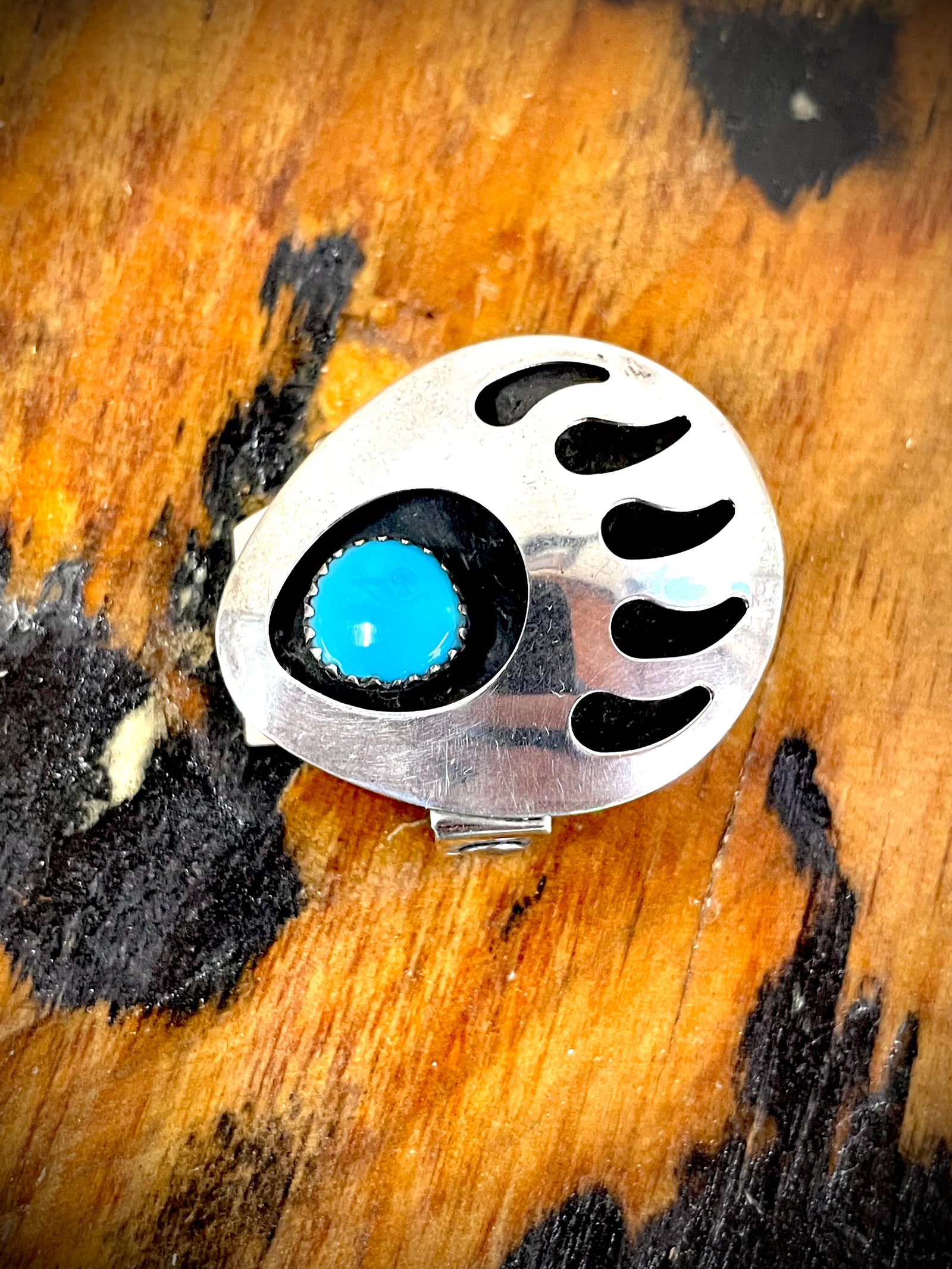Vintage Native American Turquoise Bear Claw Sterling Bolo