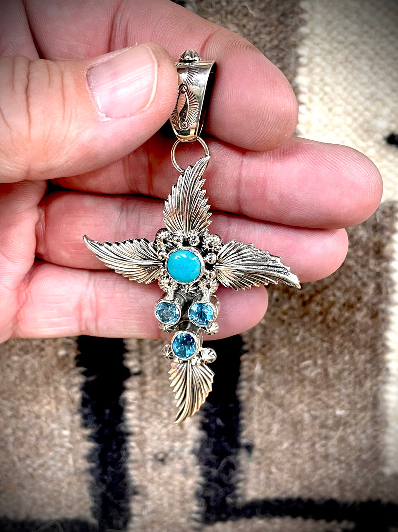 Leaf Cross Turquoise and Topaz Pendant
