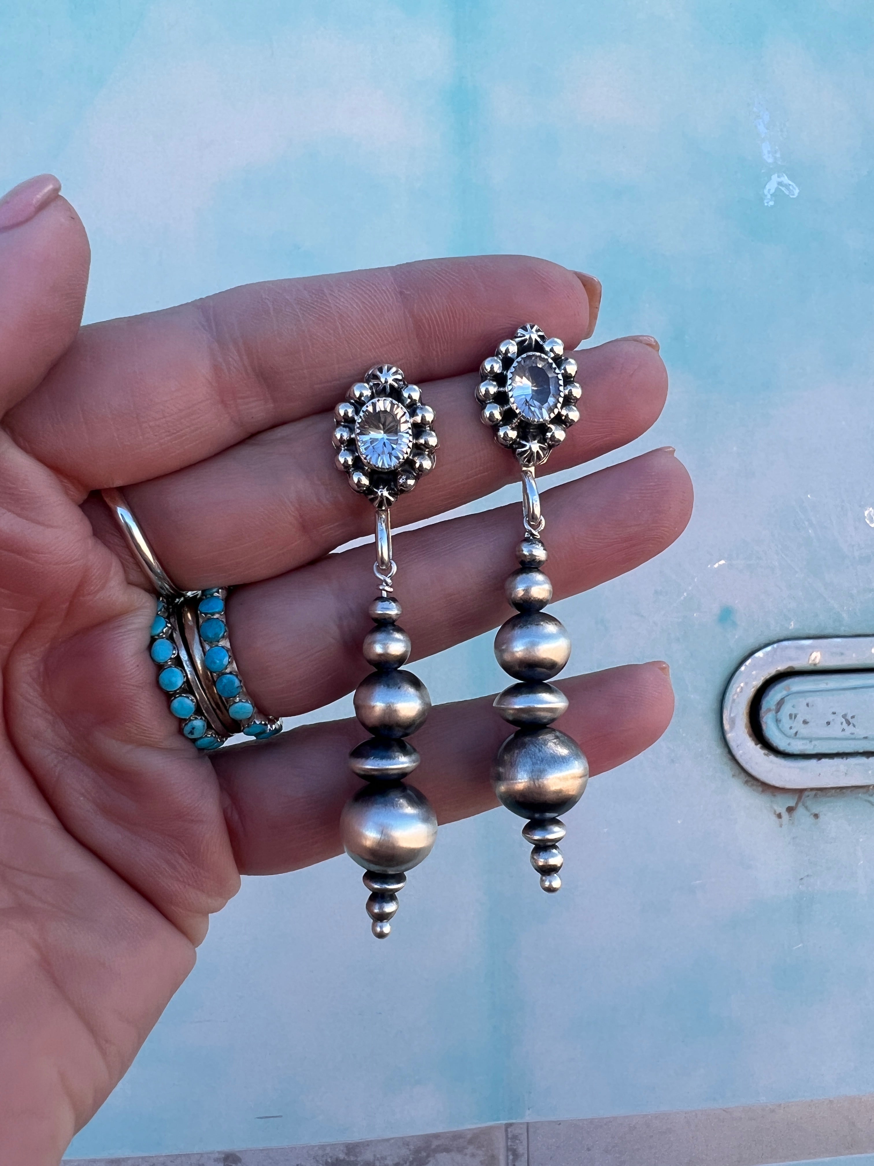 Handmade Navajo Pearl Drop Earrings w/ Turquoise