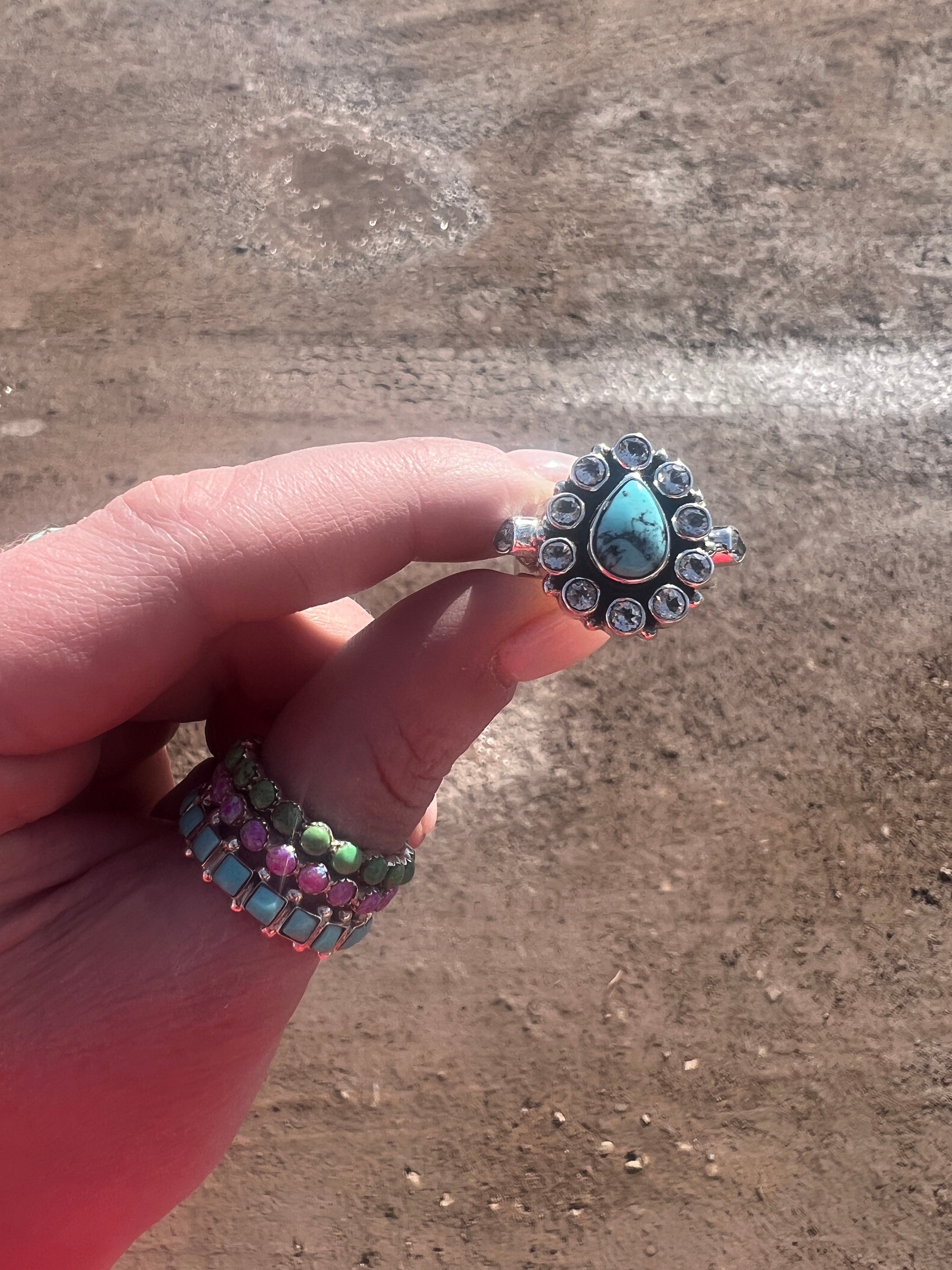 Turquoise and White Topaz Cluster Ring