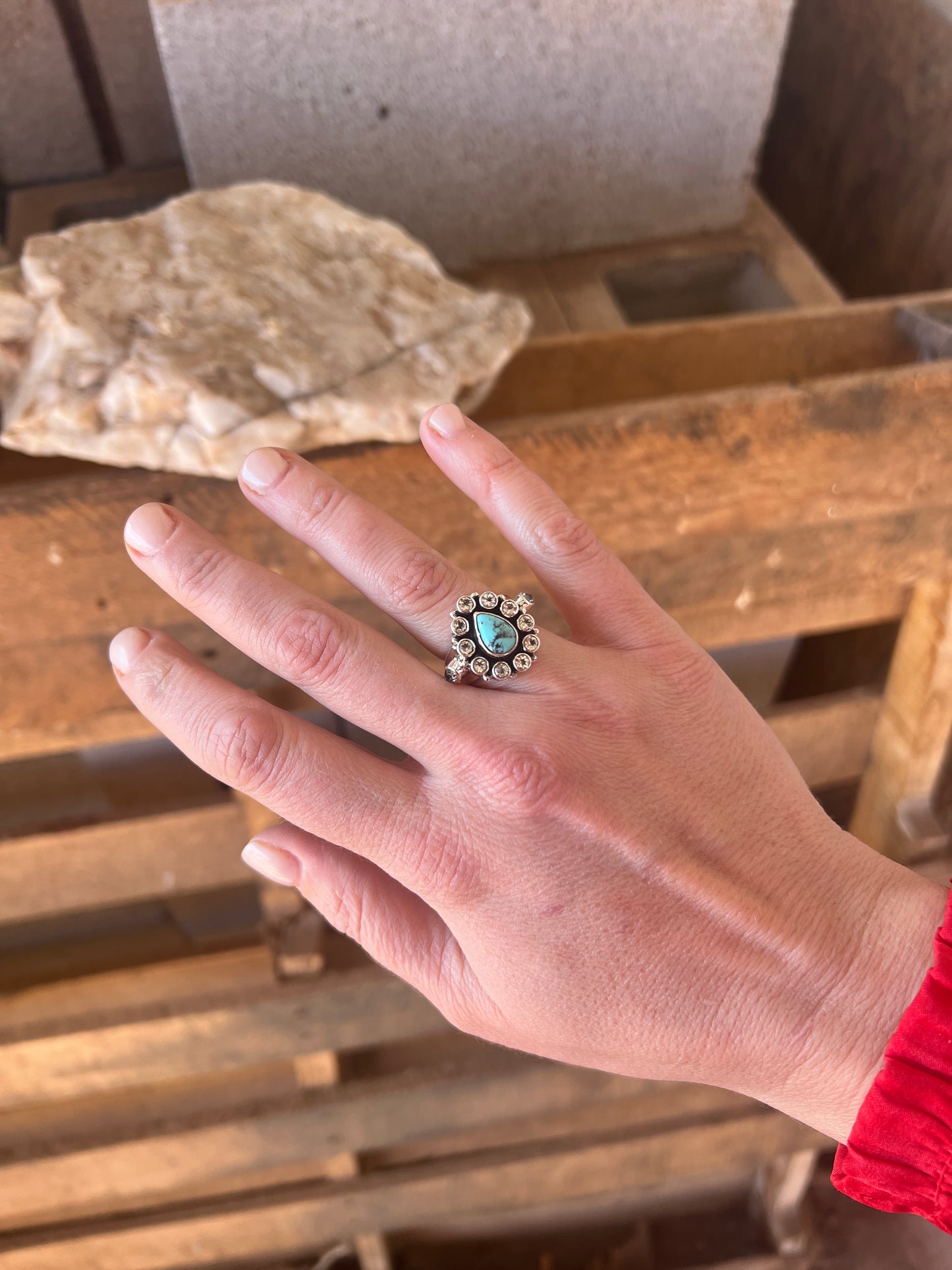 Turquoise and White Topaz Cluster Ring