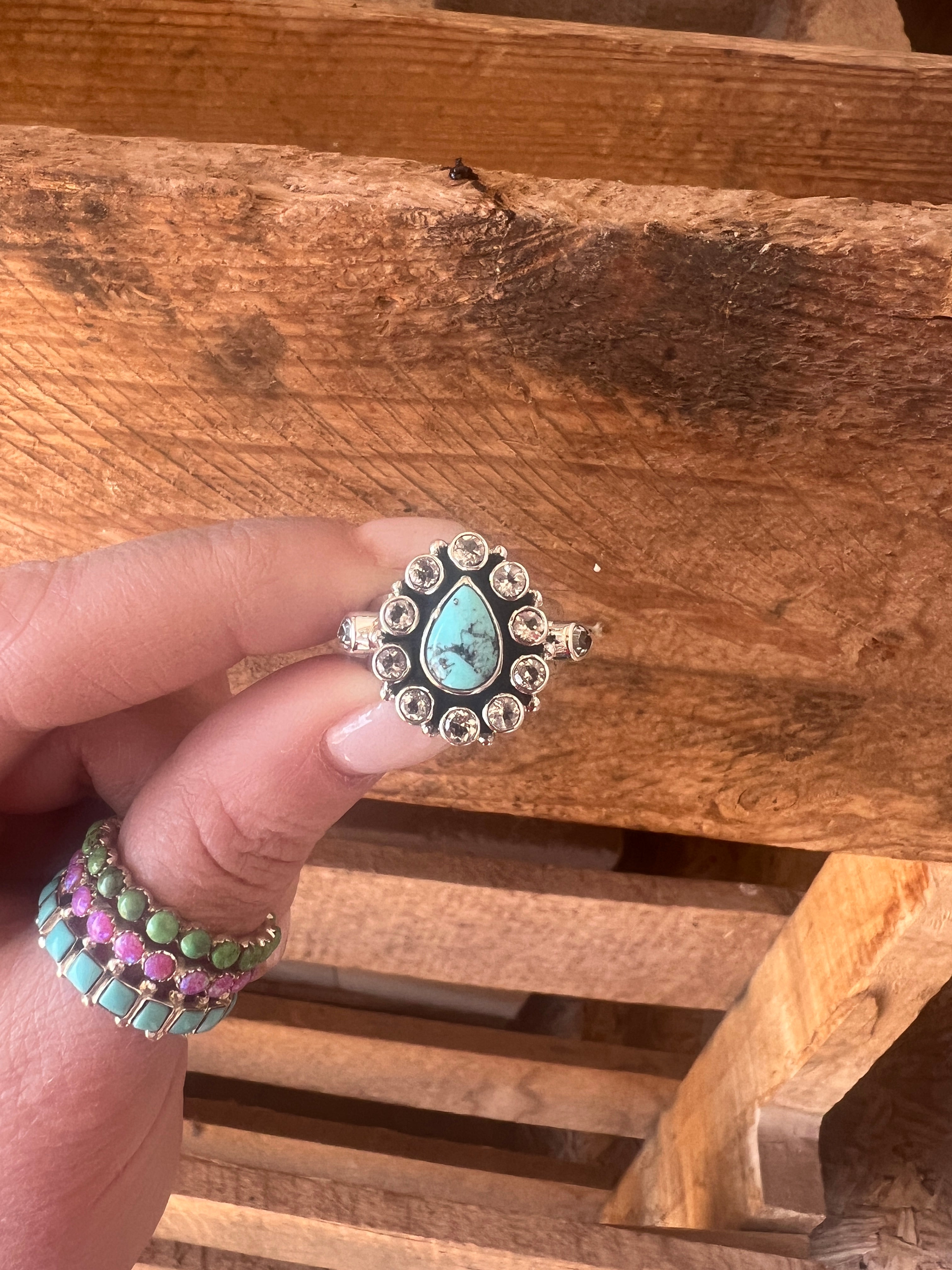 Turquoise and White Topaz Cluster Ring