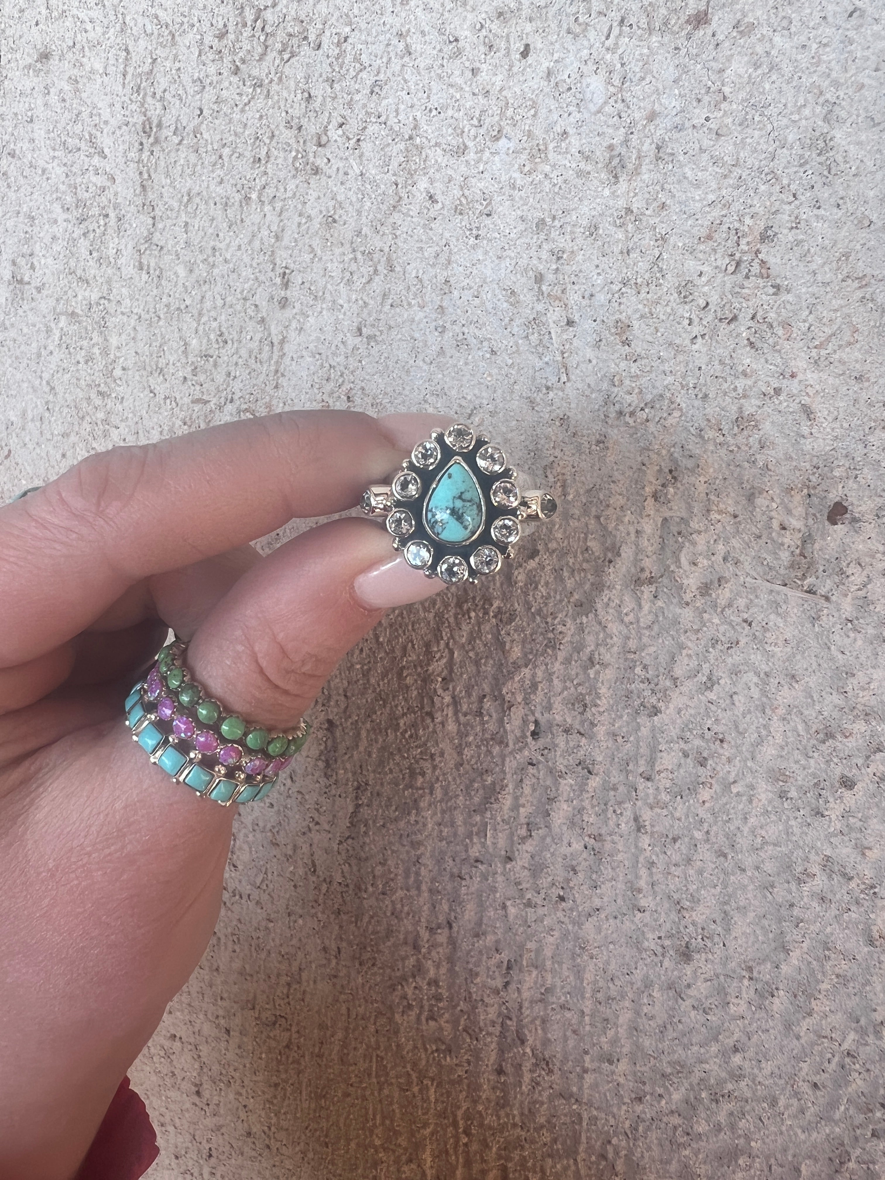 Turquoise and White Topaz Cluster Ring