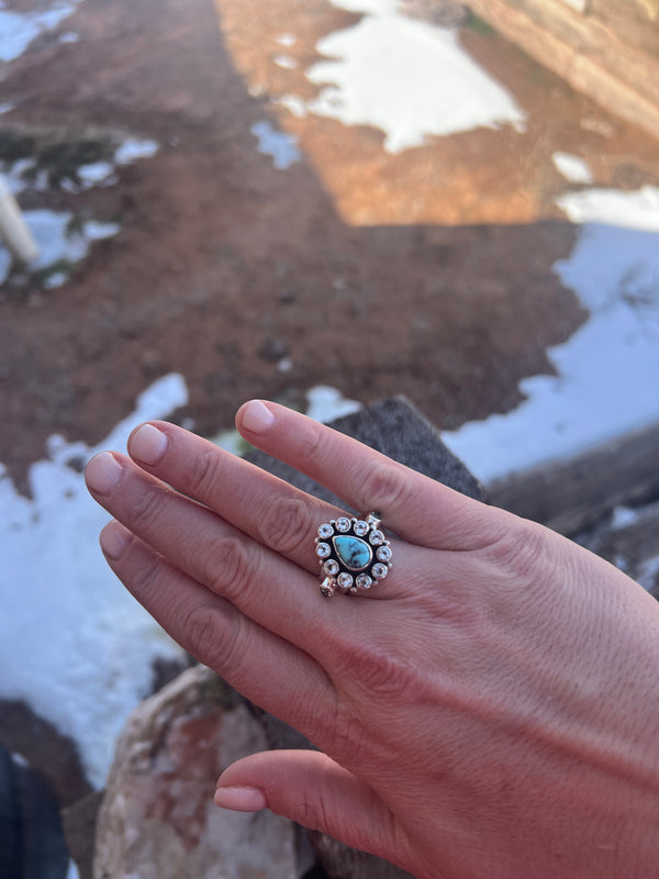 Turquoise and White Topaz Cluster Ring