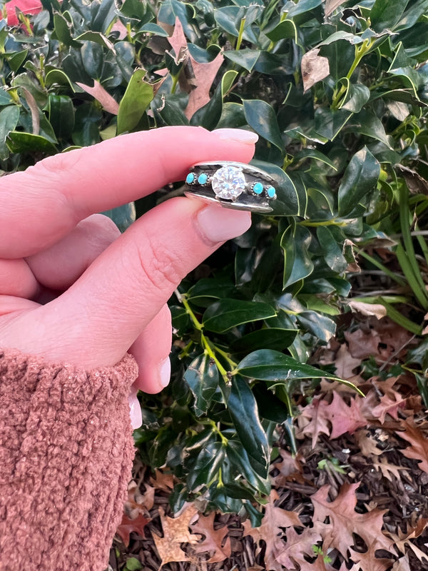 7mm Sparkling Mossanite and Turquoise Ring