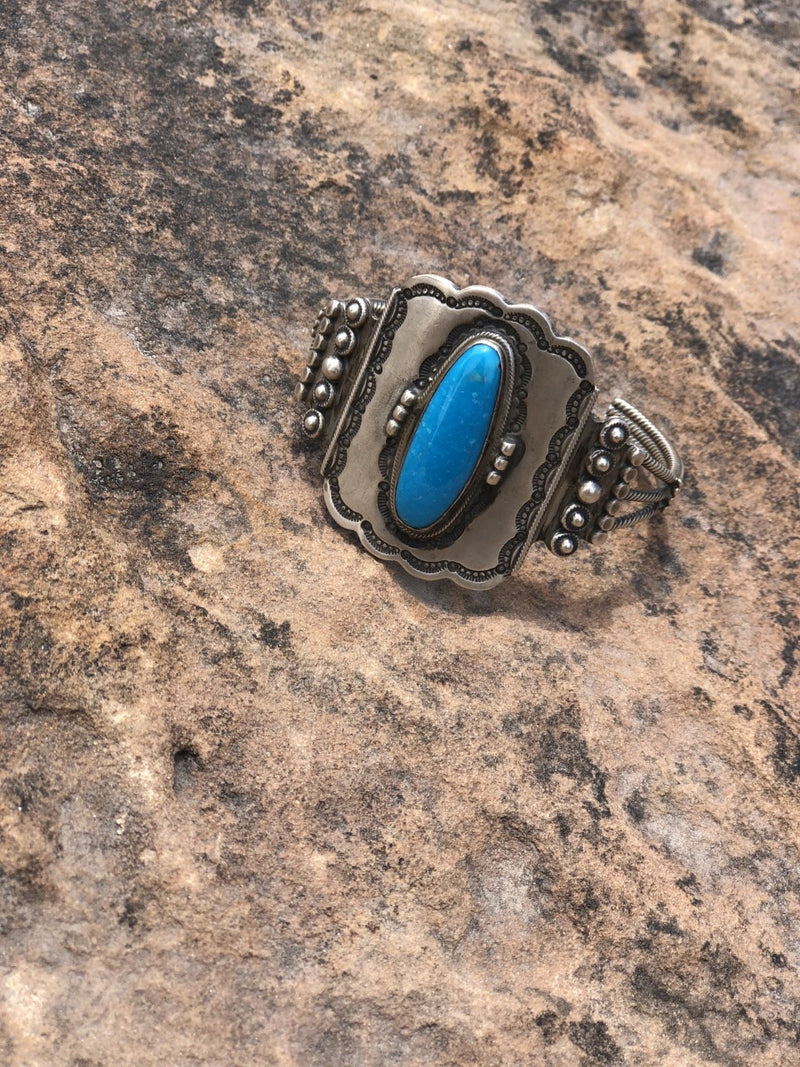 Stunning Kingman turquoise traditional stamped cuff