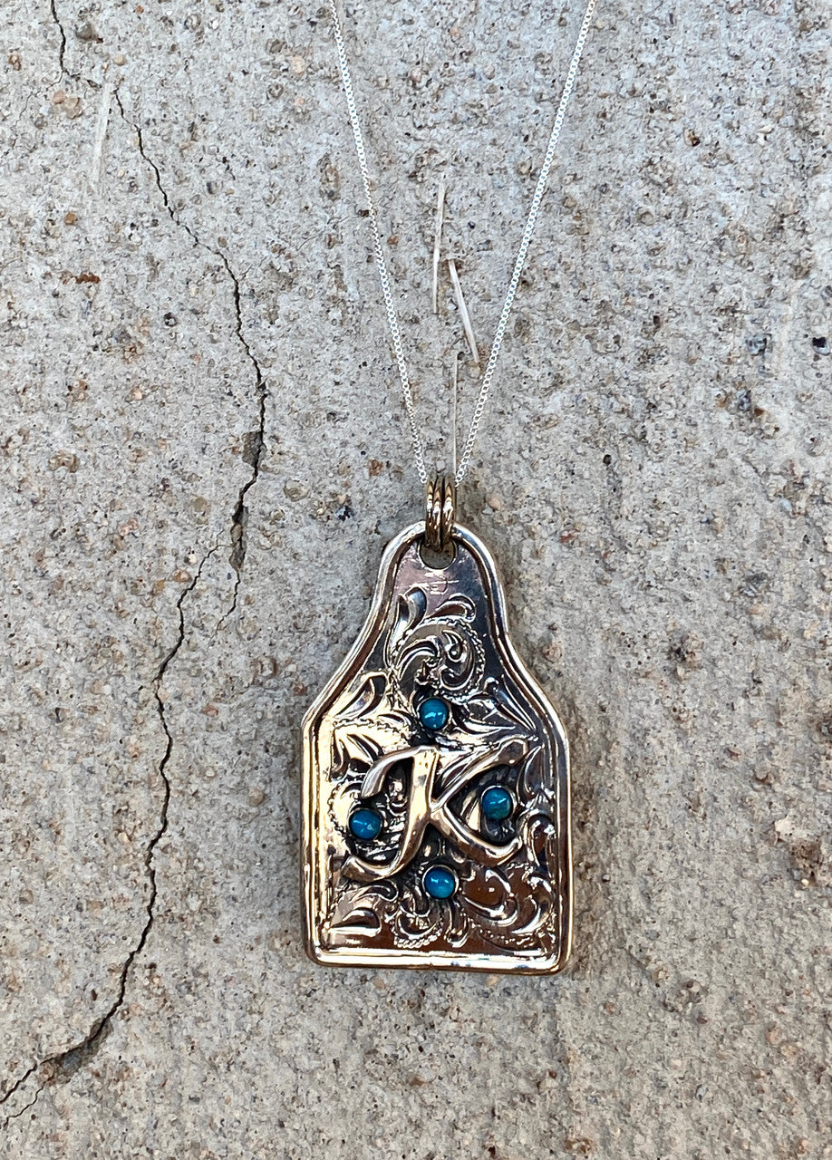 Initial Etched Tag Turquoise Pendant (In the comments put the Initial you desire)