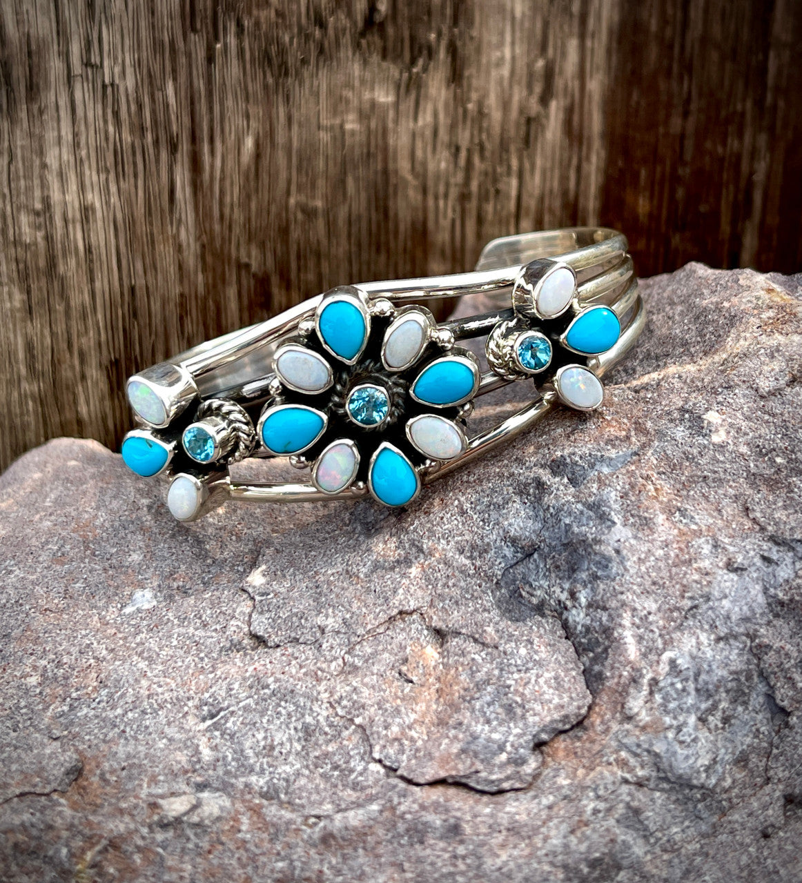Sleeping  Beauty, Australian Opal, Swiss Blue Topaz Loretta Cluster Cuff
