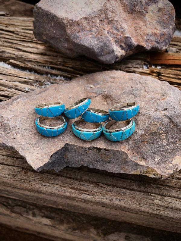 Zuni Artist Milton Canteena Sleeping Beauty Turquoise Inlaid Ring