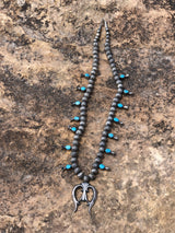 Unique Stamped Navajo Pearl with Kingman Turquoise Squash Blossom