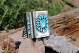 Chaco Canyon Sterling Silver-Black Leather Kingman Turquoise Bow Guards