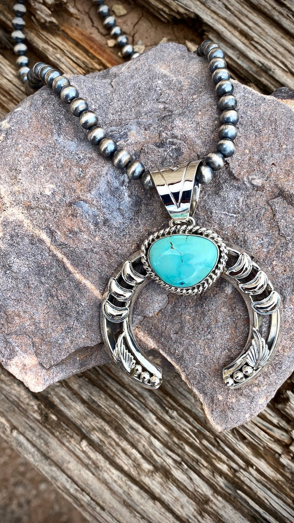 Hand Stamped Moon Nevada Turquoise Pendant Navajo Artist Emerson Delgarito