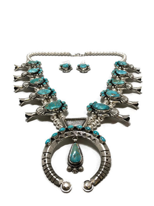 Chaco Canyon Kingman Turquoise Squash Blossom Necklace with Earrings