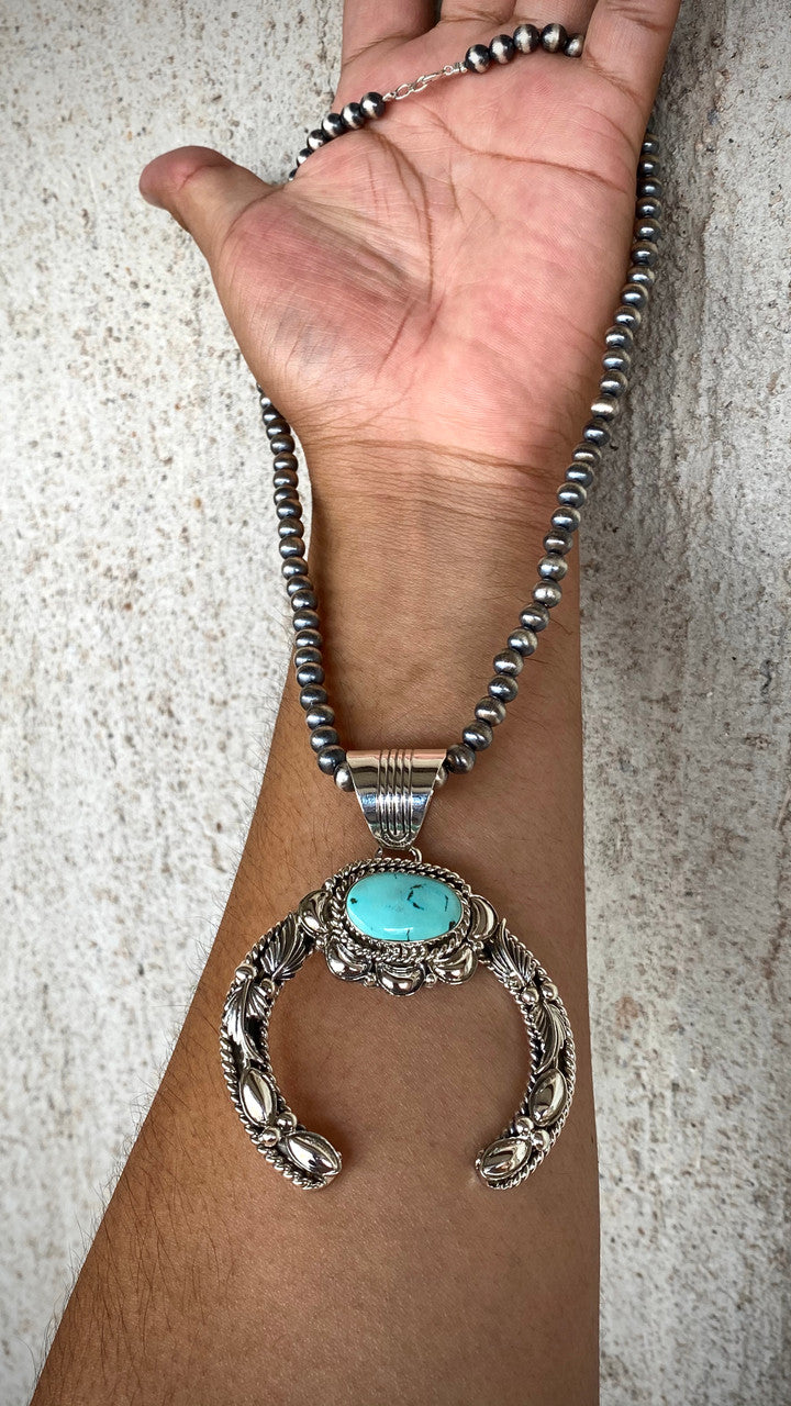 Hand Stamped Silver Nevada Turquoise Pendant Navajo Artist Emerson Delgarito