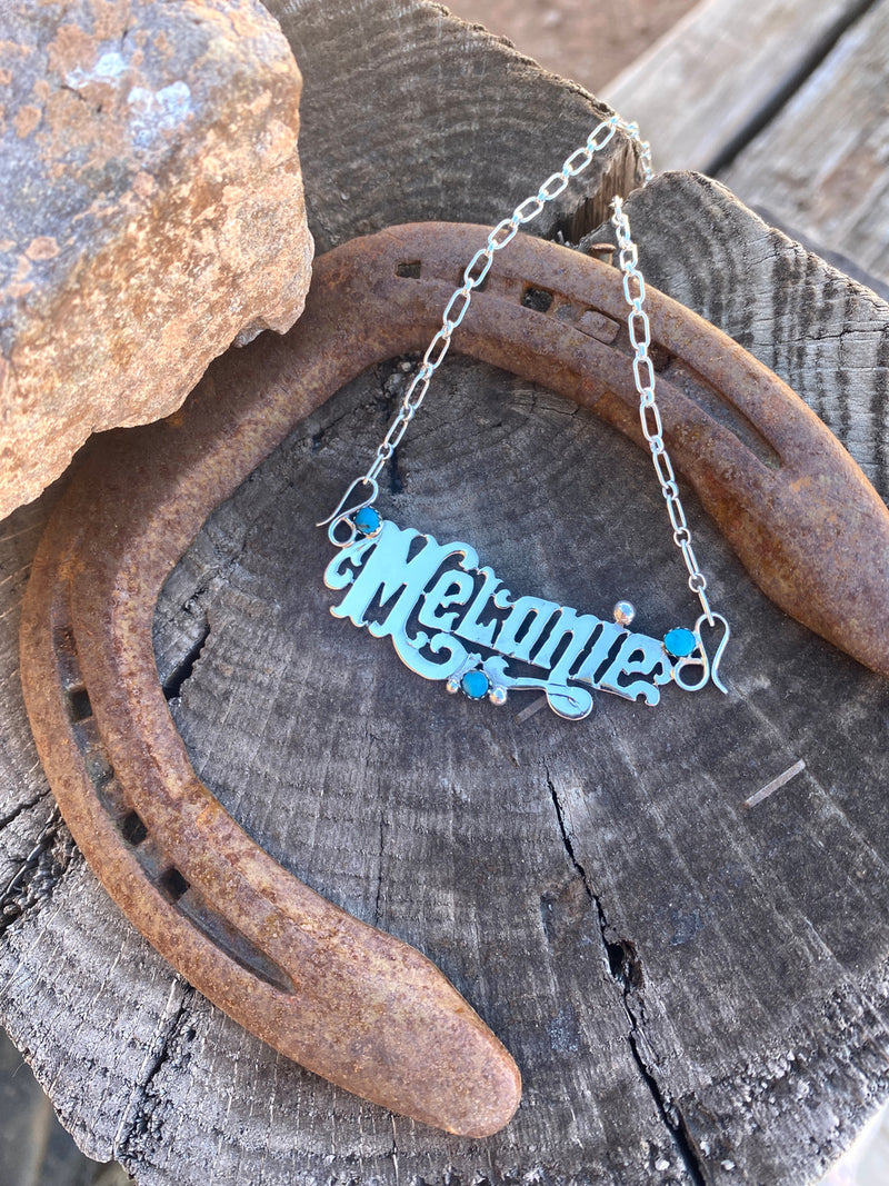 Navajo Hand Etched Name Kingman Turquoise Necklaces Artist Michael Yazzie