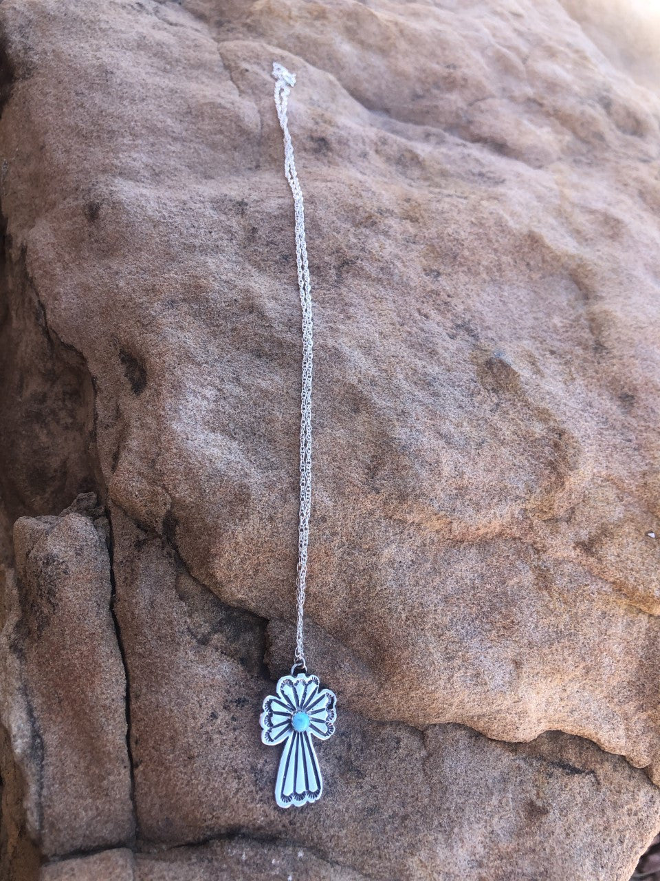 Stamped Cross Pendant with Sleeping Beauty Turquoise
