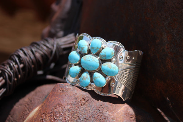 Chaco Canyon Flower Kingman Blue Turquoise Sterling Silver Cuff