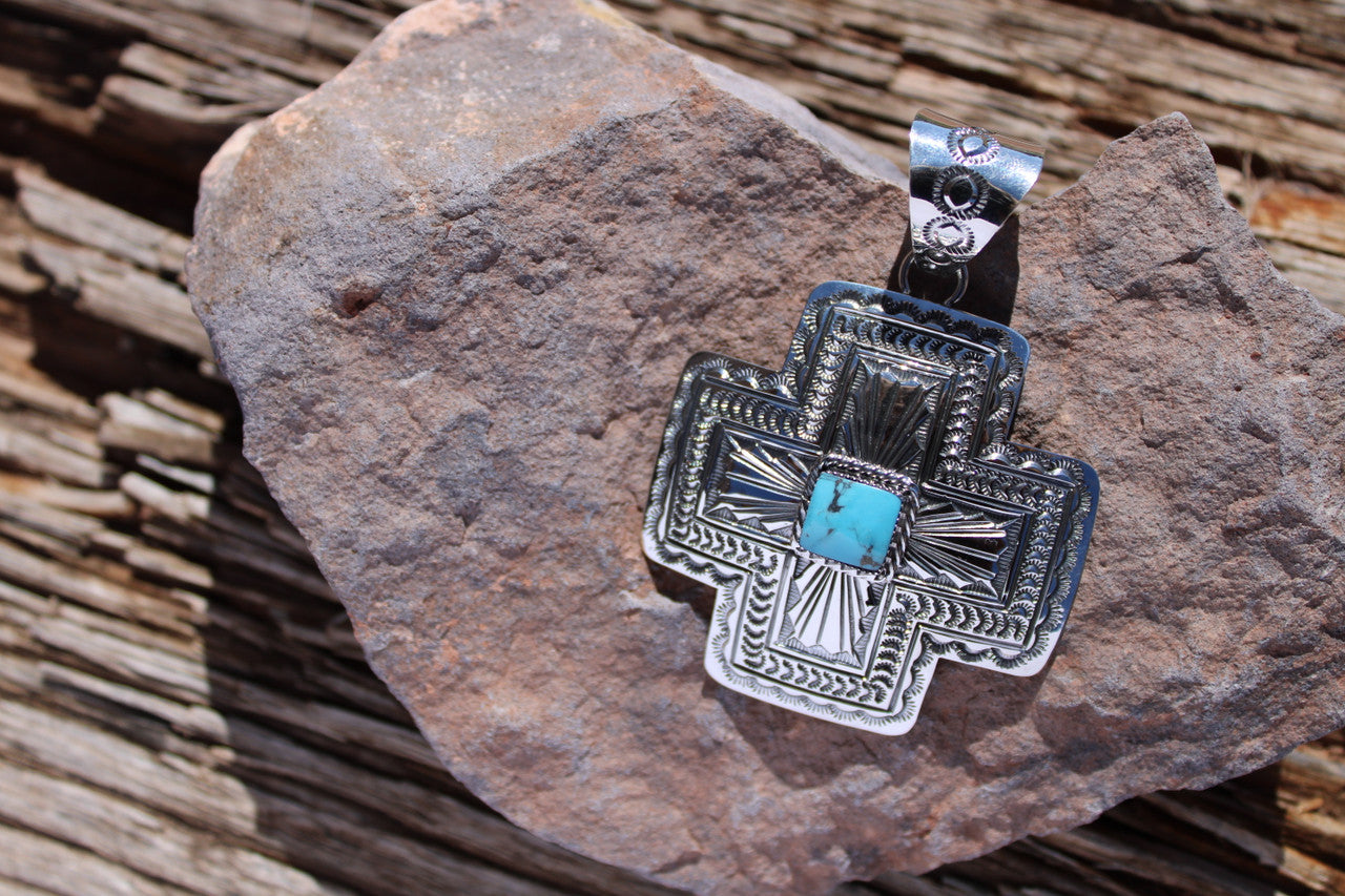 Kingman Turquoise Cross Pendant Navajo Artist Nate Begay