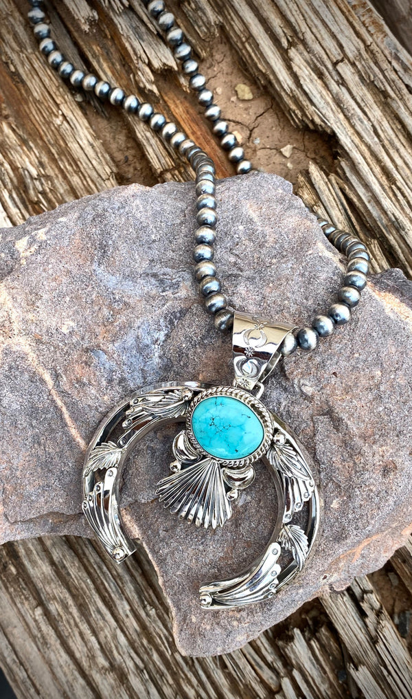 Hand Stamped Fan Nevada Turquoise Pendant Navajo Artist Emerson Delgarito