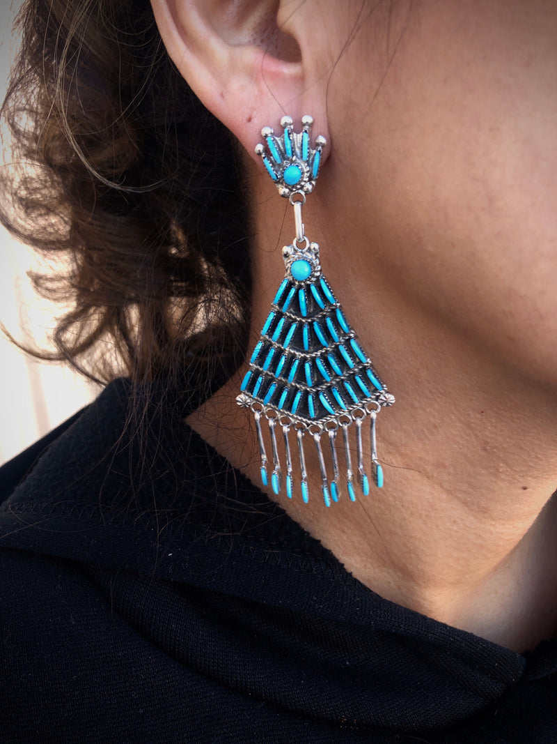 Zuni Sleeping Beauty Inlaid Chandelier Earrings Artist Bernadette Wyaco