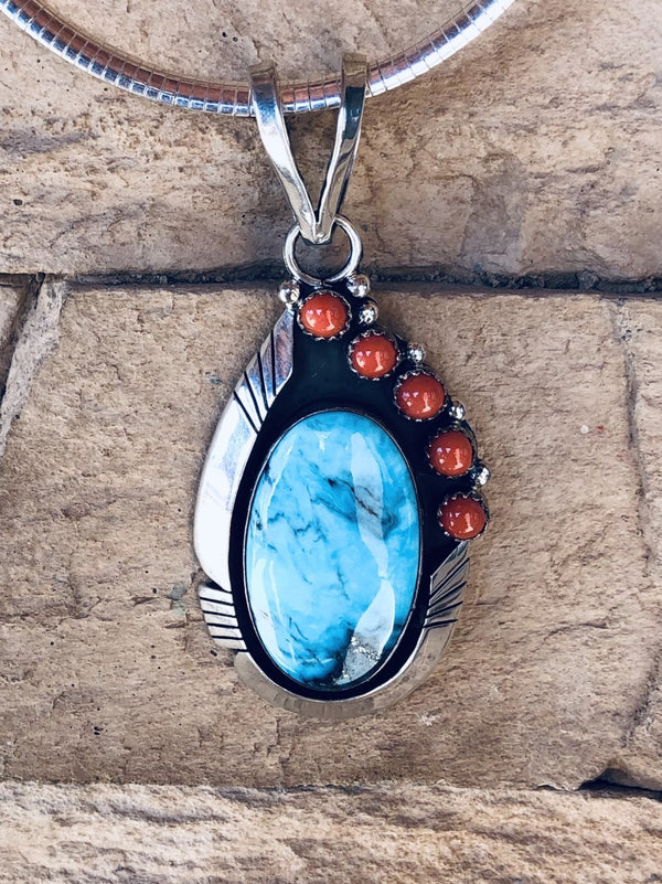 Kingman Turquoise and Coral Combination Pendant