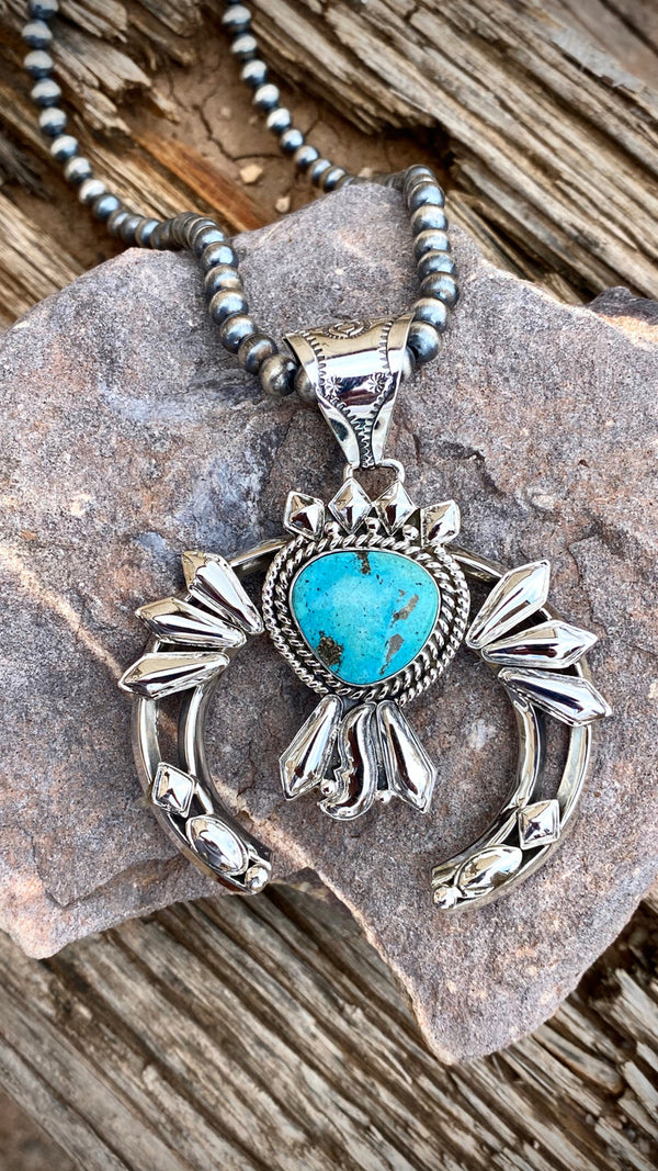 Hand Stamped Diamond Nevada Turquoise Pendant Navajo Artist Emerson Delgarito