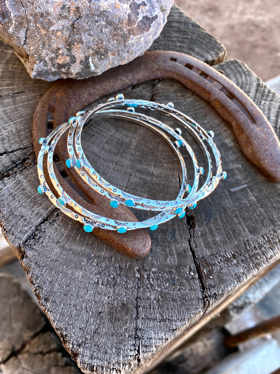 Sleeping Beauty Stack Em' Etched Bangles Navajo Artist Evelyn Bahe