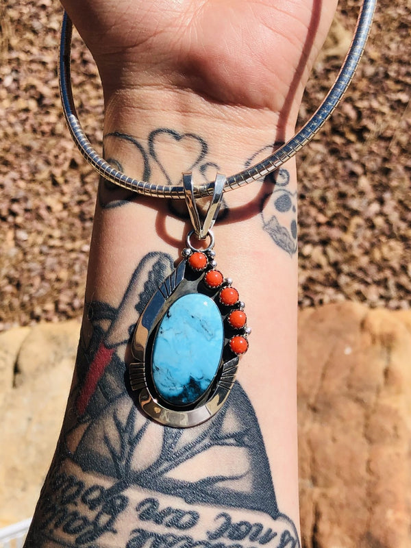 Kingman Turquoise and Coral Combination Pendant