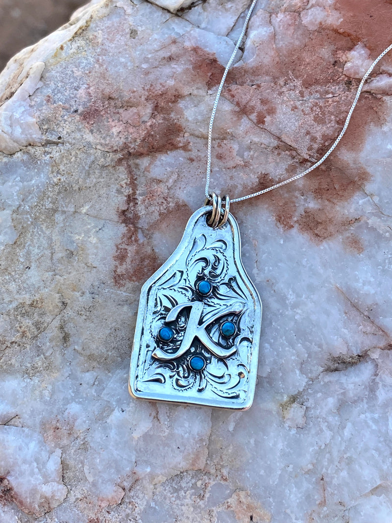 Initial Etched Tag Turquoise Pendant (In the comments put the Initial you desire)