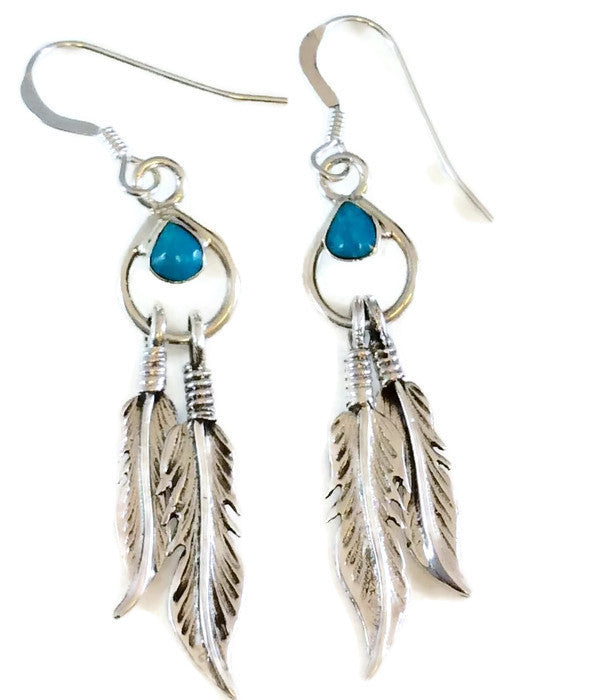 .925 Sterling Silver
Pear Kingman Turquoise
Dangle Earrings with Double Feathers
French Wire
Artist: Nora Desiderio