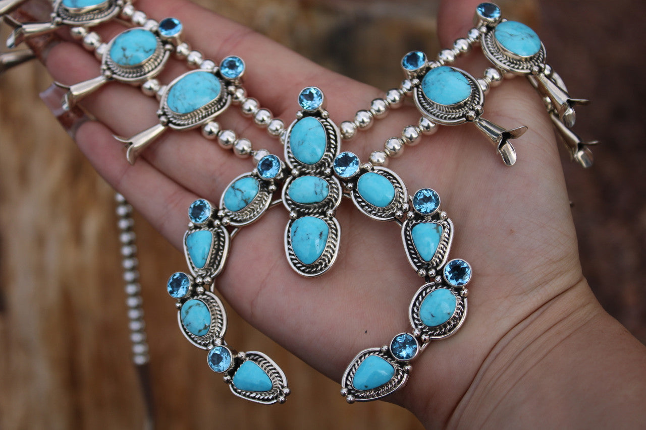 Sterling Silver Topaz and Kingman Turquoise Couture Squash Blossom