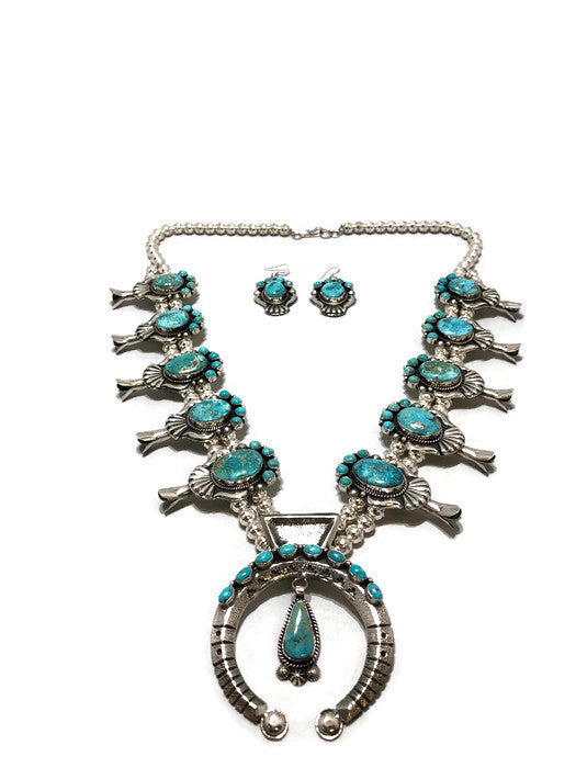 Chaco Canyon Kingman Turquoise Squash Blossom Necklace with Earrings