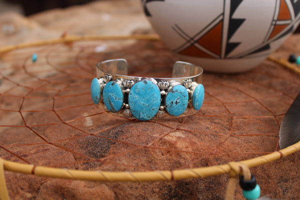 Chaco Canyon 5 Stone Kingman Turquoise Stamped Mens Cuff