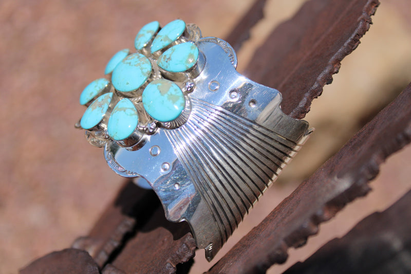 Chaco Canyon Flower Kingman Blue Turquoise Sterling Silver Cuff